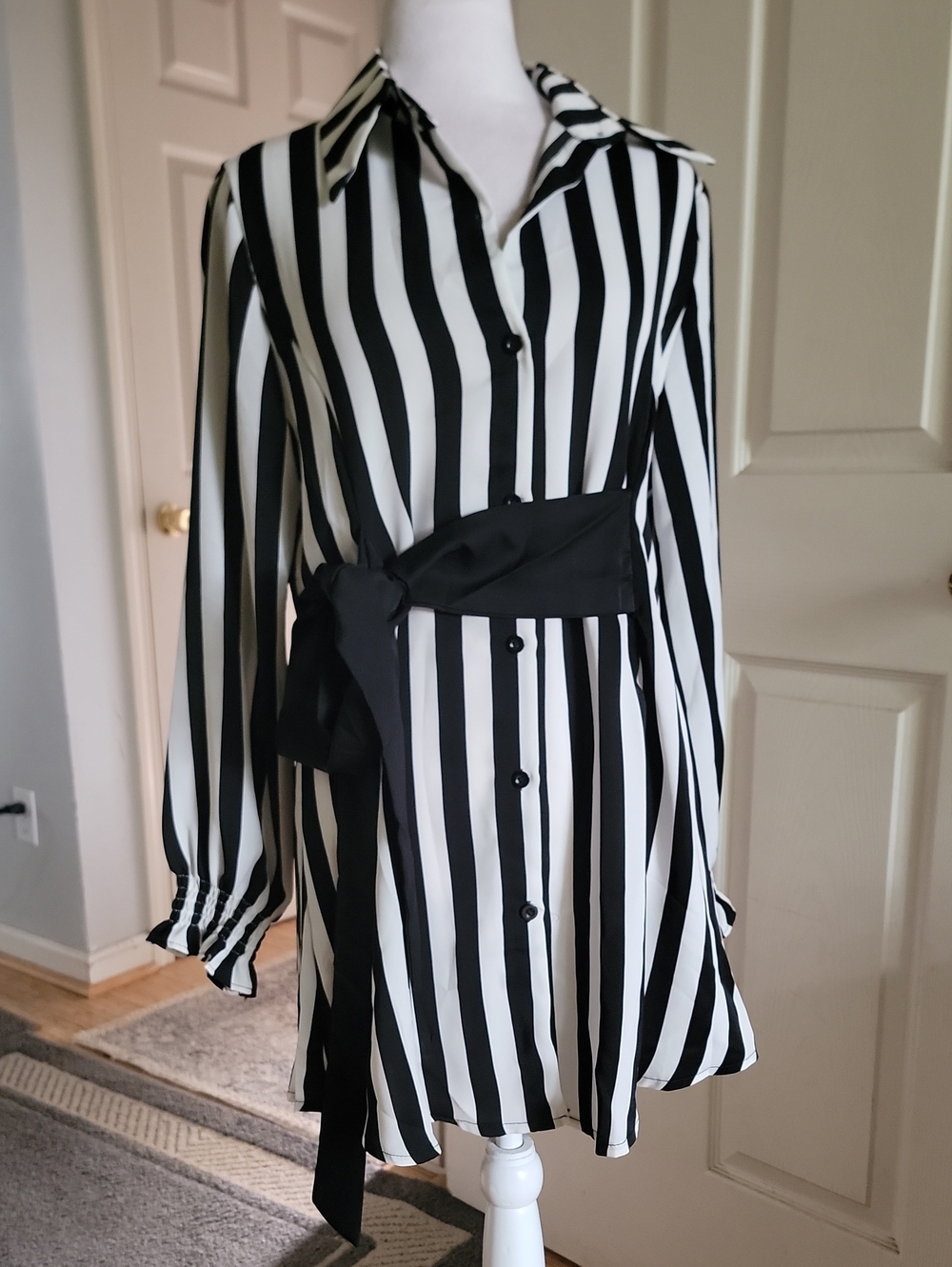 Black & White Vertical Stripe Button-Down Tunic with Waist Sash